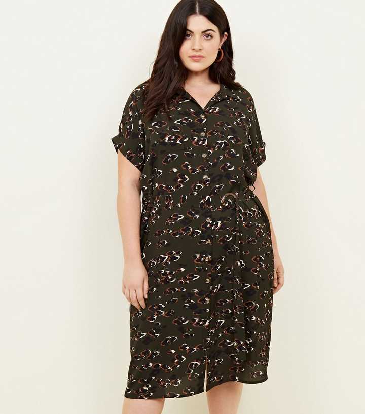 Curves Dark Green Animal Print Midi Shirt Dress