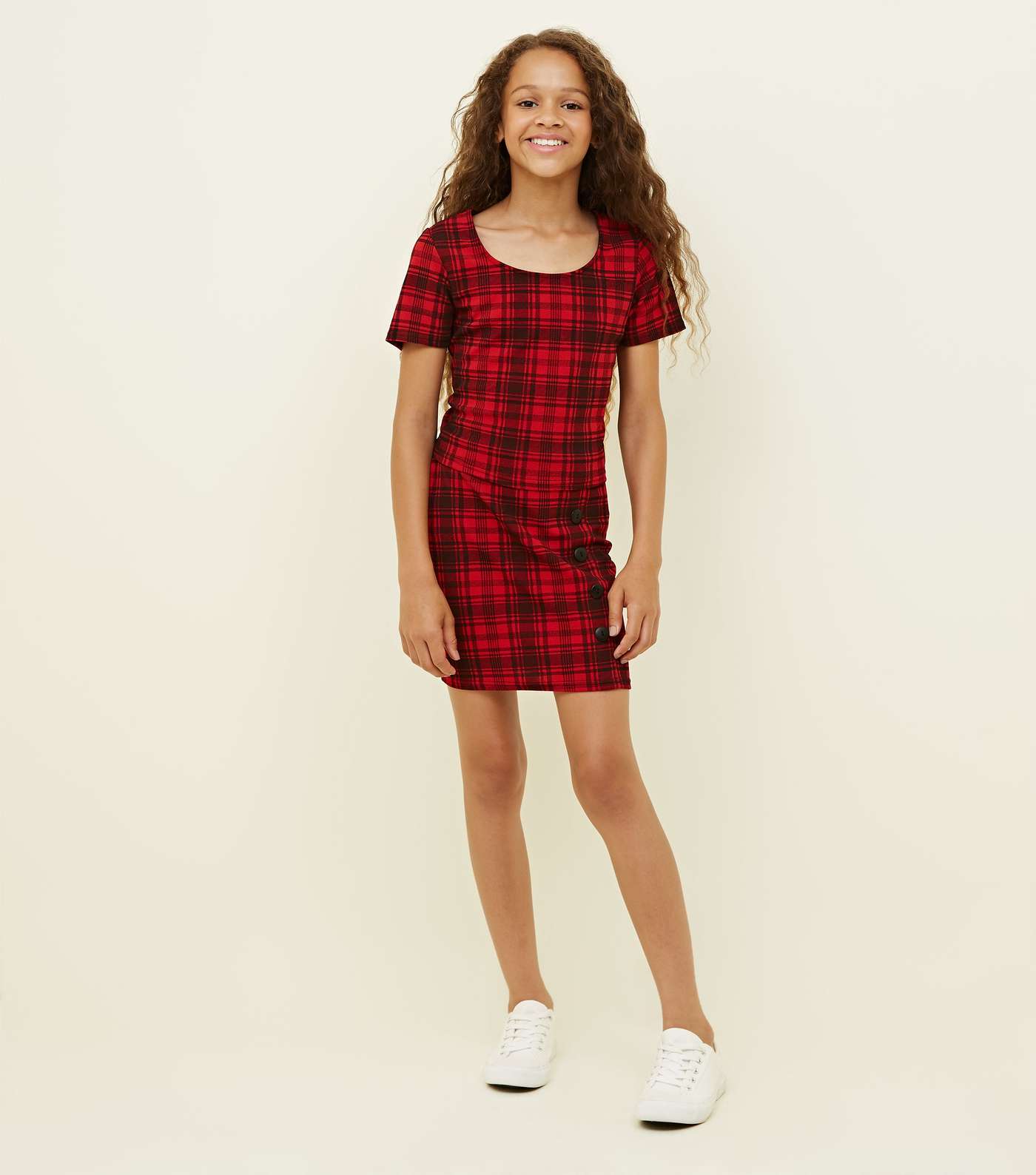 Girls Red Check Side Button Tube Skirt  Image 2