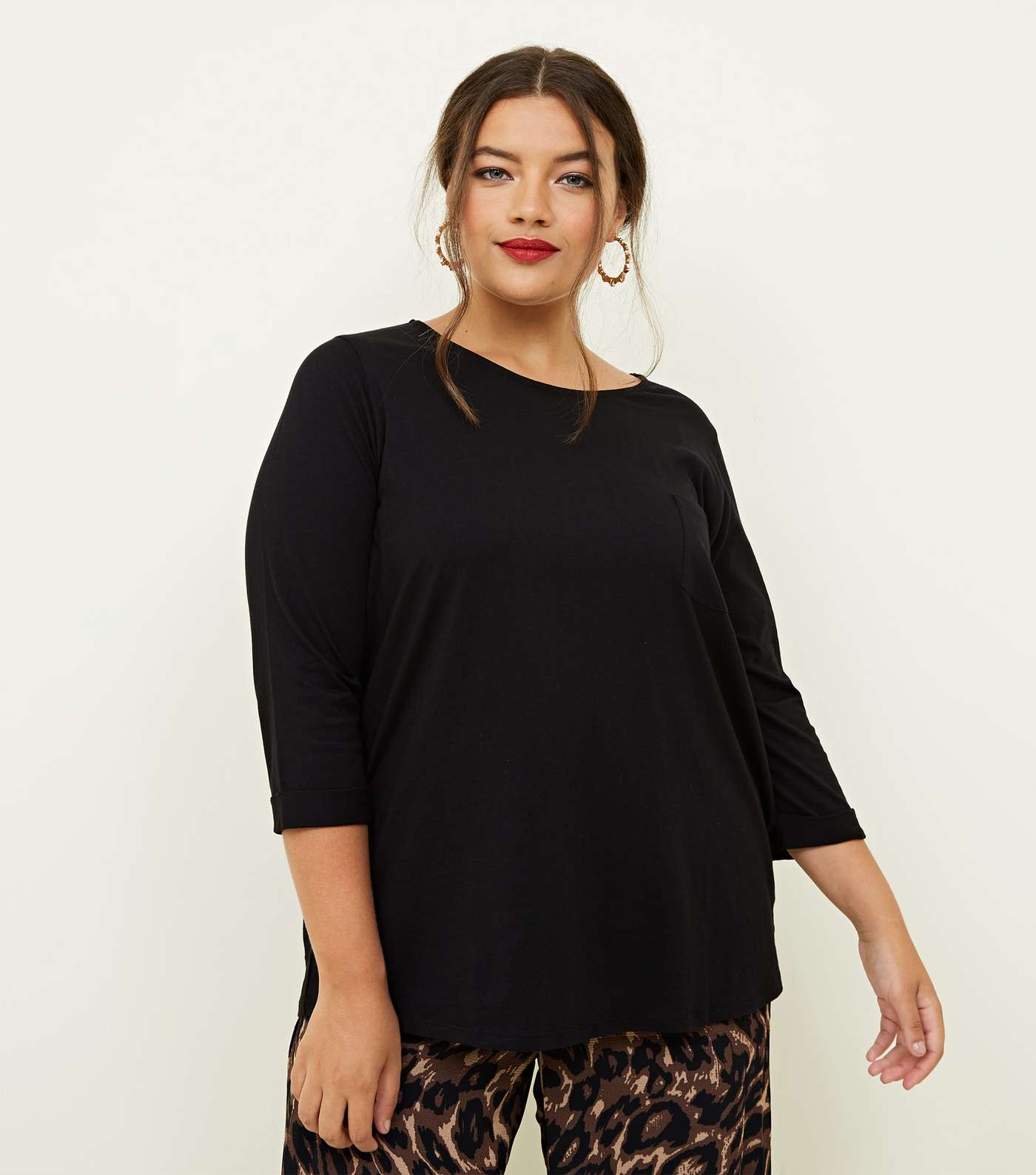 Curves Black Pocket Front Slouchy T-Shirt