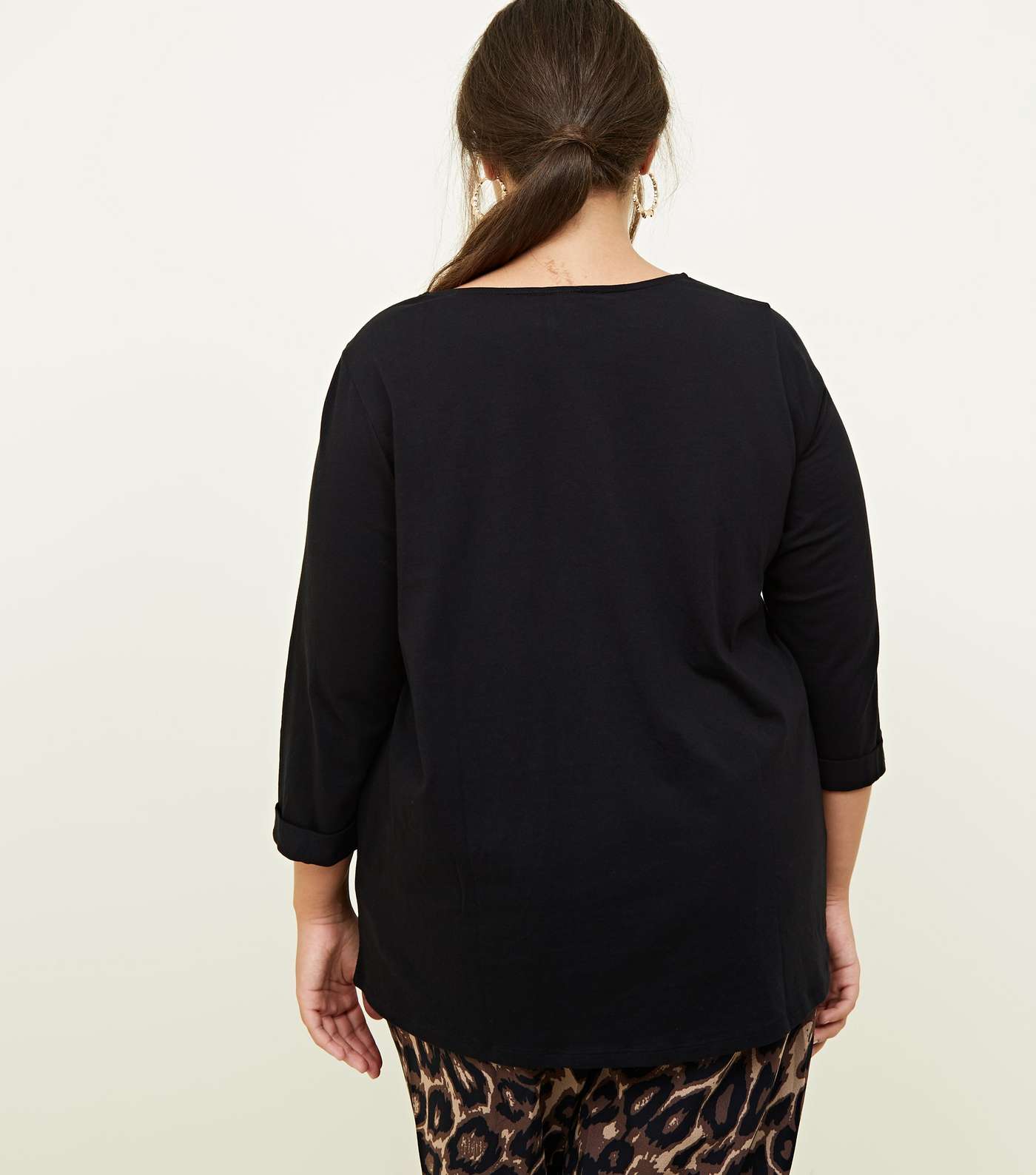 Curves Black Pocket Front Slouchy T-Shirt Image 3