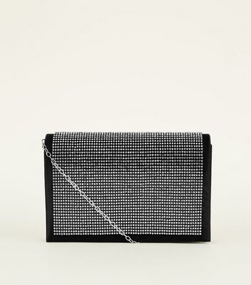 Black Satin Diamanté Clutch Bag | New Look
