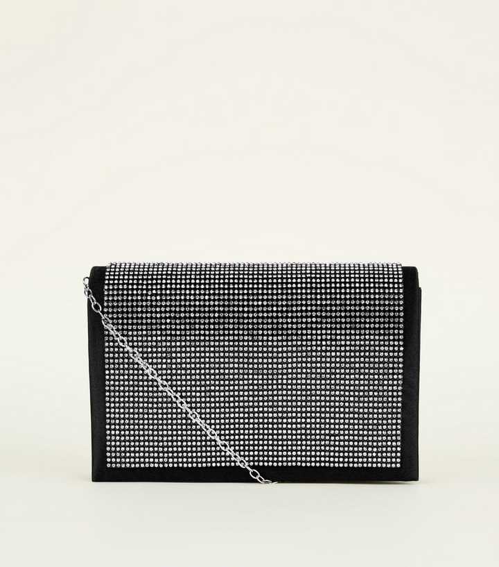 Black Satin Diamanté Clutch Bag