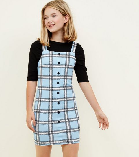 Girls Blue Check Button Front Bodycon Pinafore Dress Girls Blue Check Button Front Bodycon Pinafore Dress