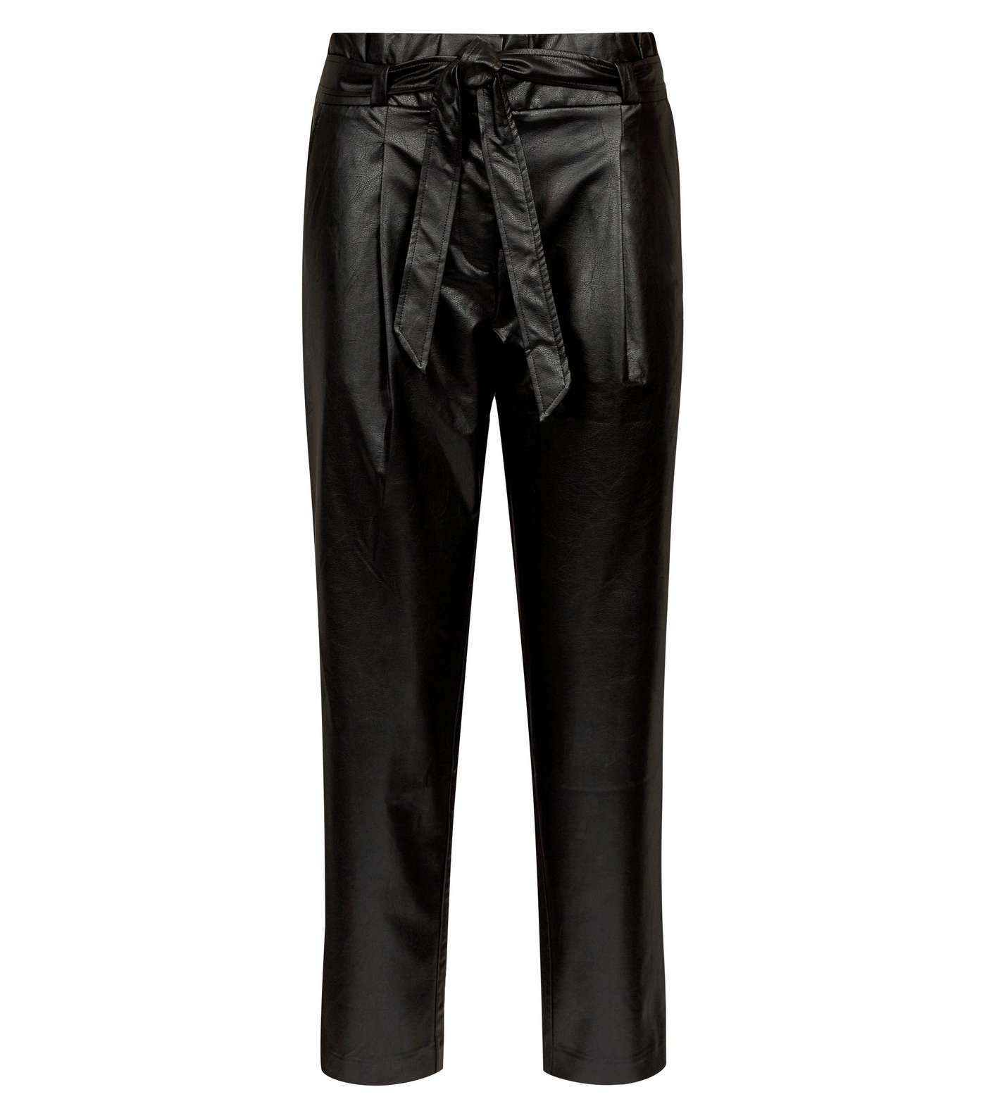 Black Leather-Look Tie Waist Tapered Trousers Image 4
