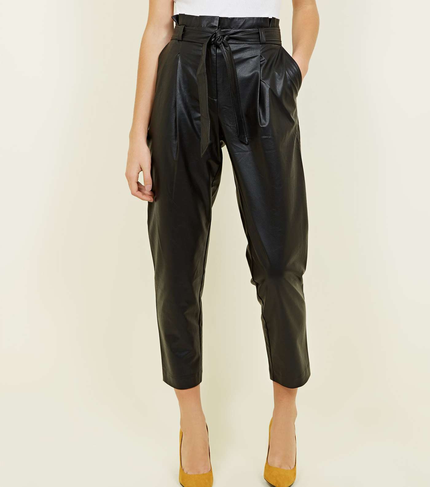 Black Leather-Look Tie Waist Tapered Trousers Image 2