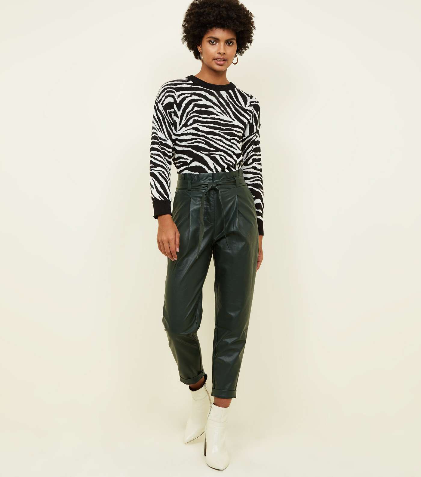 Dark Green Leather-Look Paperbag Trousers
