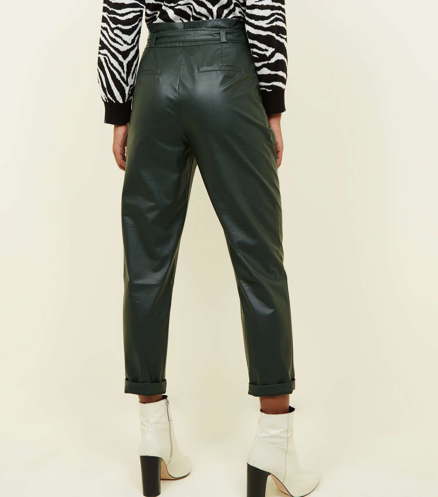 Dark Green Leather-Look Paperbag Trousers Image 3
