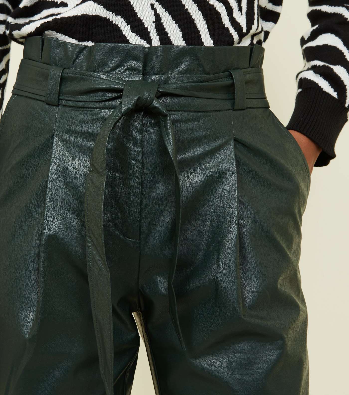 Dark Green Leather-Look Paperbag Trousers Image 5