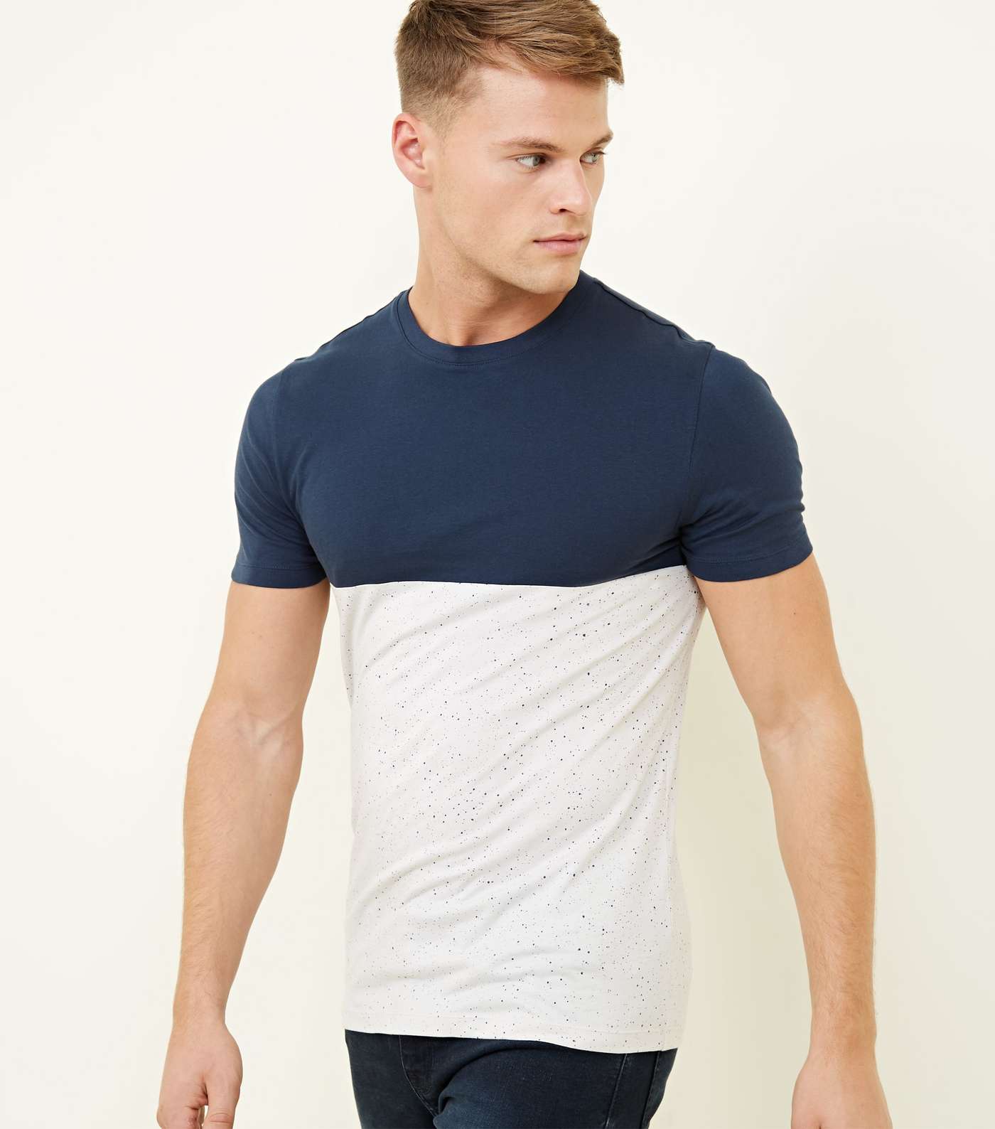 Navy Colour Block Spray Muscle Fit T-Shirt