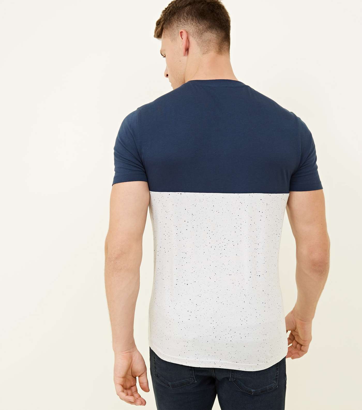 Navy Colour Block Spray Muscle Fit T-Shirt Image 3