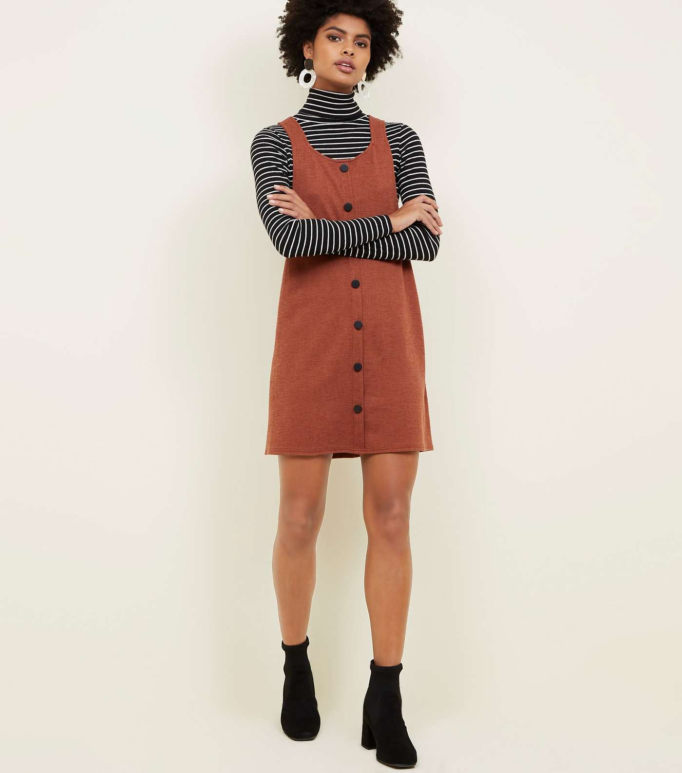 Rust Crosshatch Button Front Pinafore Dress Image 2
