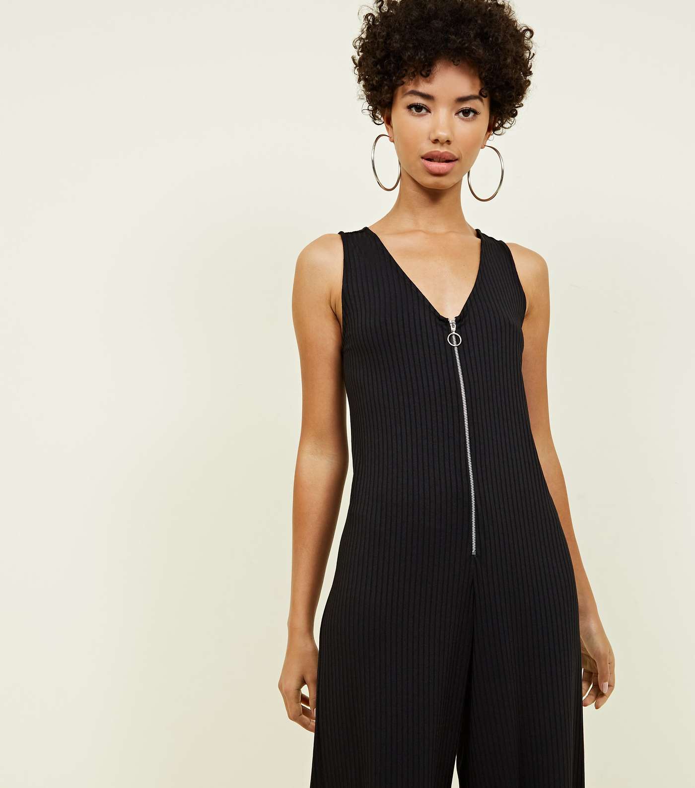 Black Ribbed Ring Pull Zip Front Jumpsuit Image 2