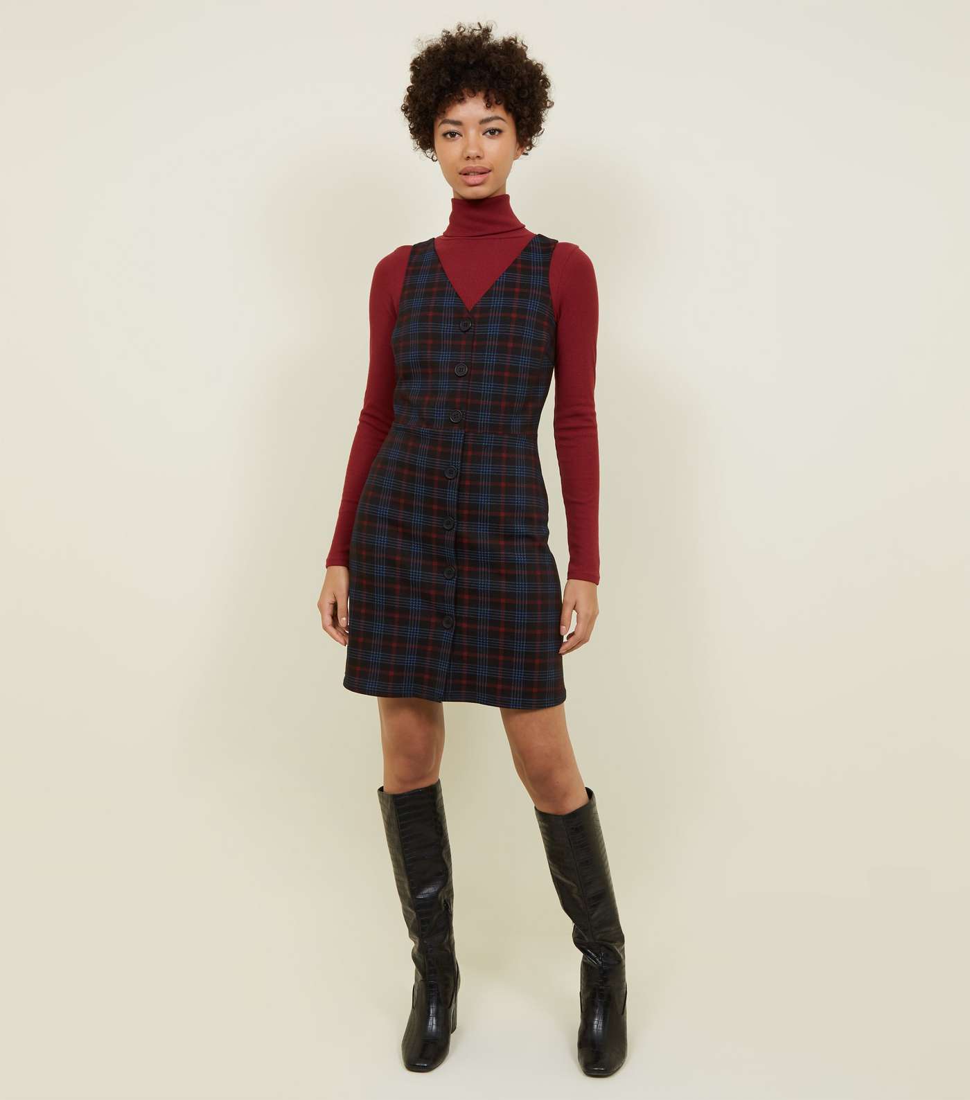 Black Check Button Front Pinafore Dress Image 2