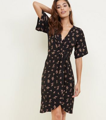Black Ditsy Floral Soft Touch Knot Front Dress | New Look