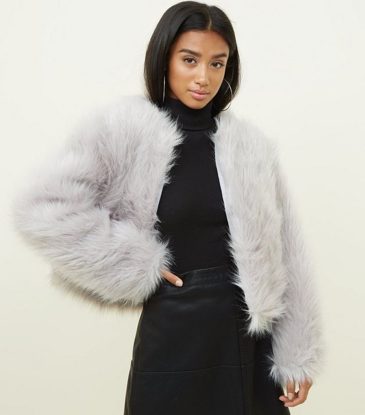 Faux Fur Collarless Cropped Jacket, Grey Faux Fur Coat New Look