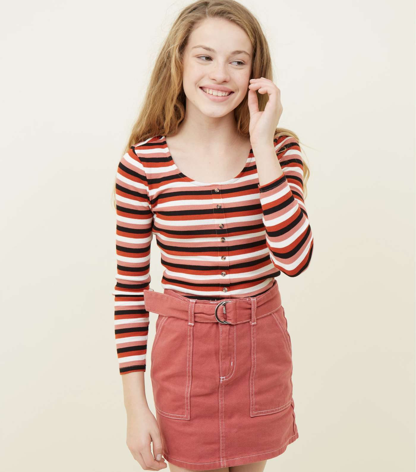 Girls Pink Stripe Button Front Top