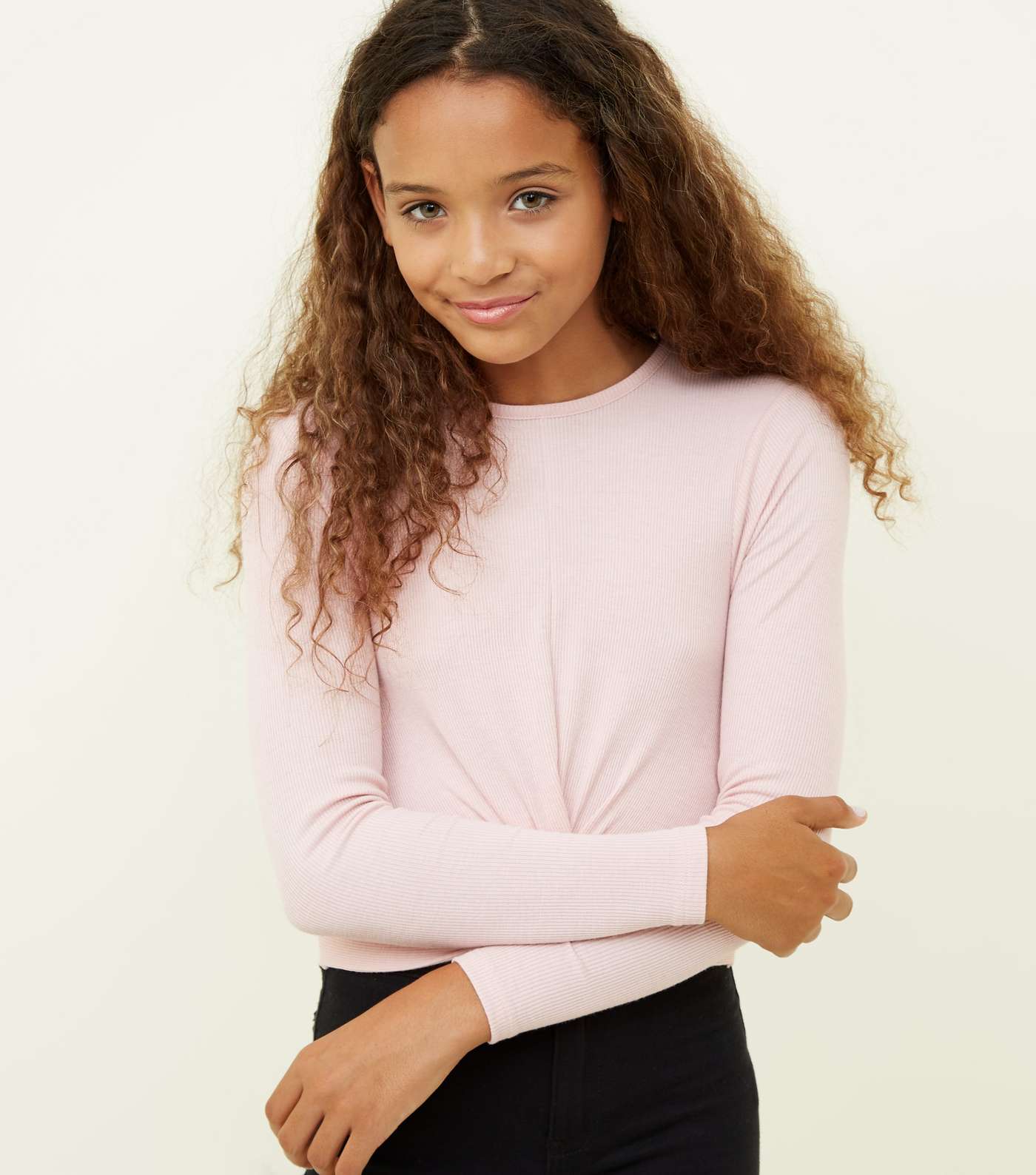 Girls Pink Ribbed Long Sleeve Twist Front Top 