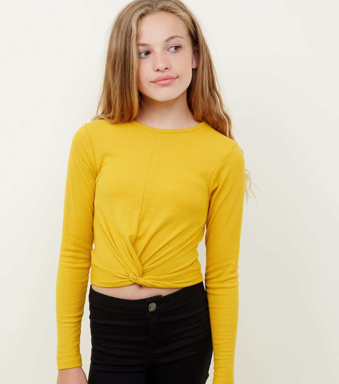 Girls Mustard Ribbed Long Sleeve Twist Front Top 