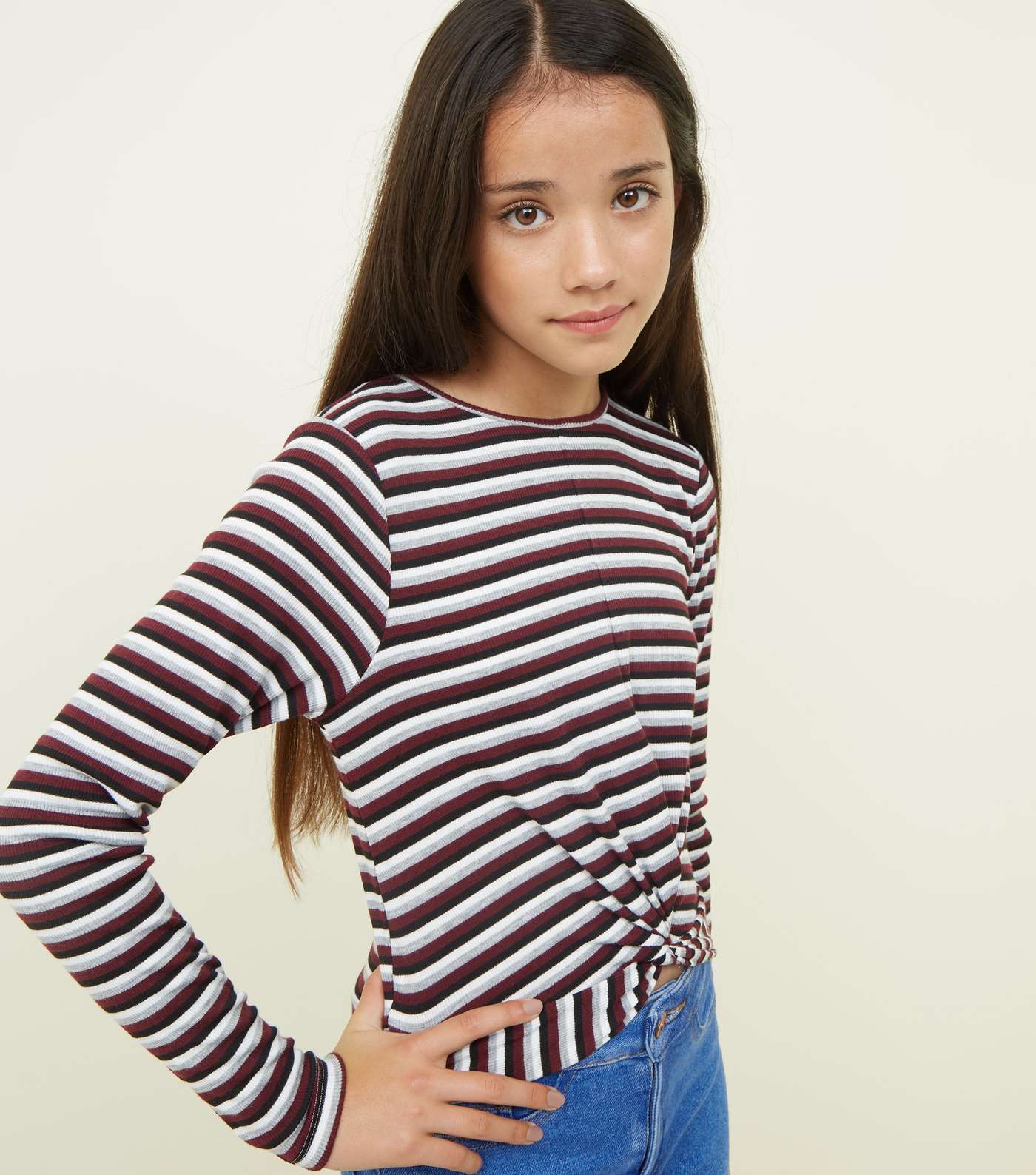 Girls Black Stripe Twist Front Long Sleeve T-Shirt
