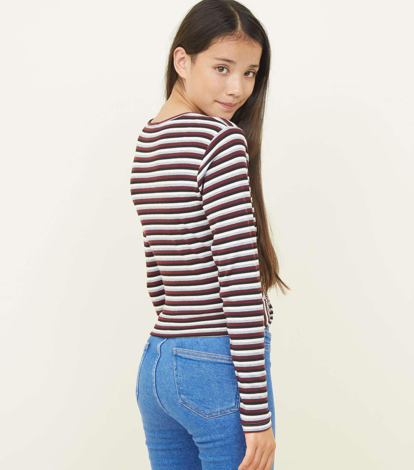 Girls Black Stripe Twist Front Long Sleeve T-Shirt Image 3