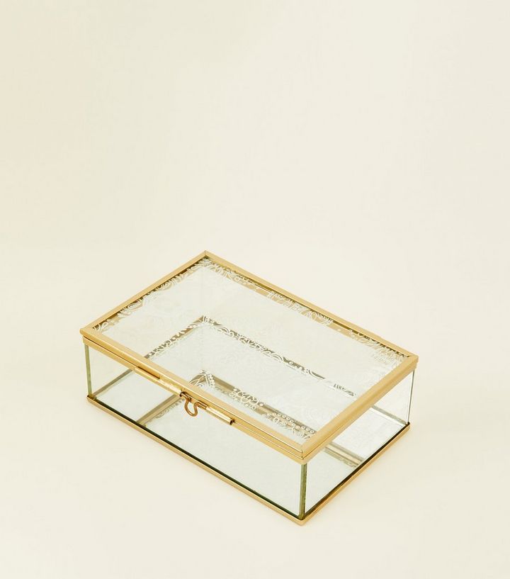 Gold Tile Print Glass Jewellery Box New Look
