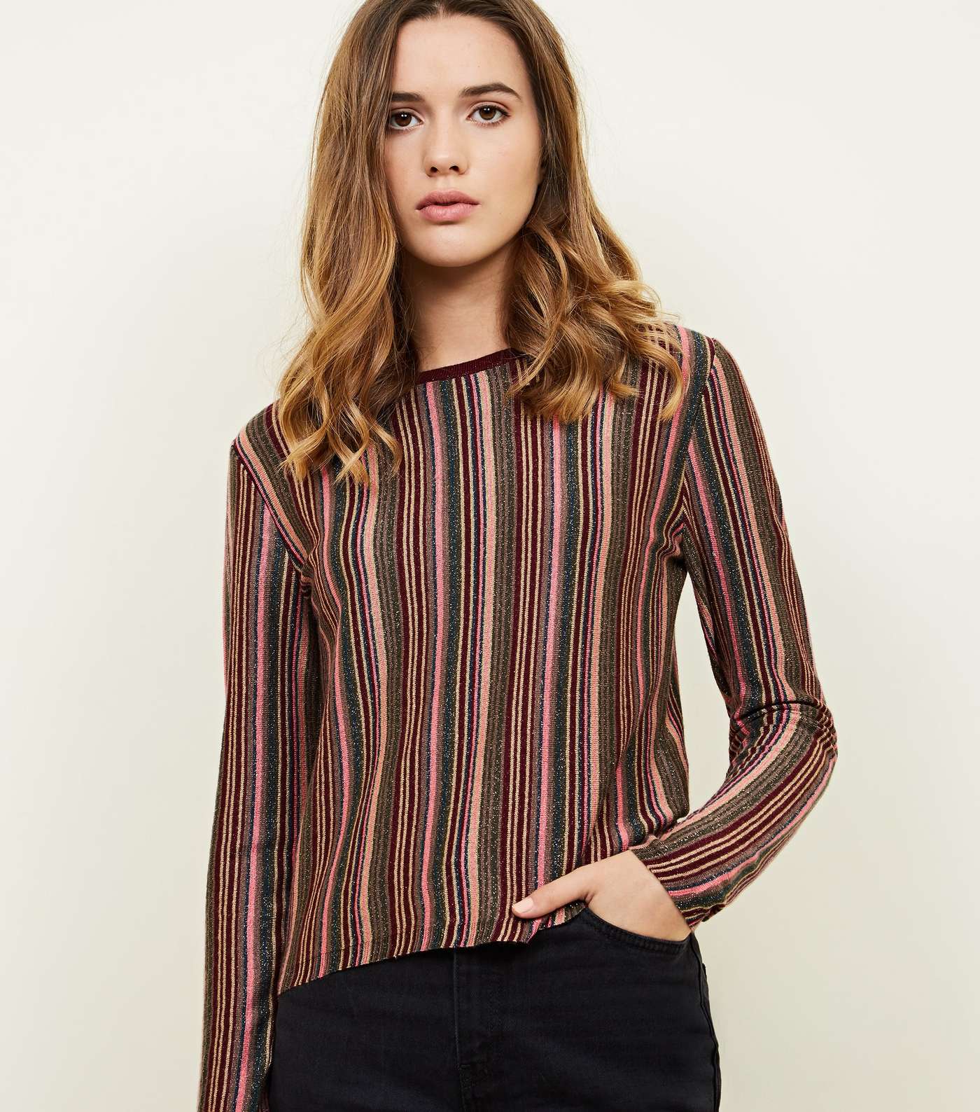 Burgundy Glitter Multi Stripe Long Sleeve T-Shirt
