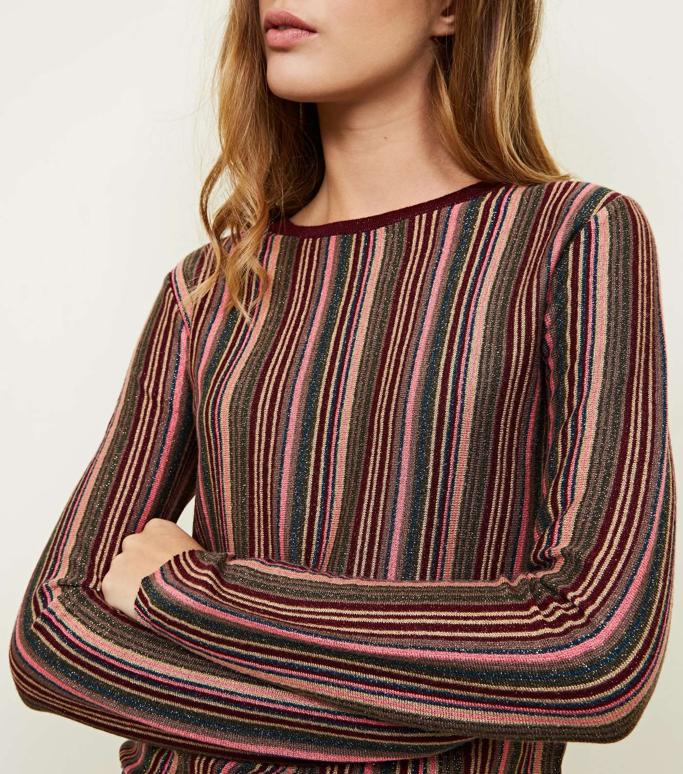 Burgundy Glitter Multi Stripe Long Sleeve T-Shirt Image 5