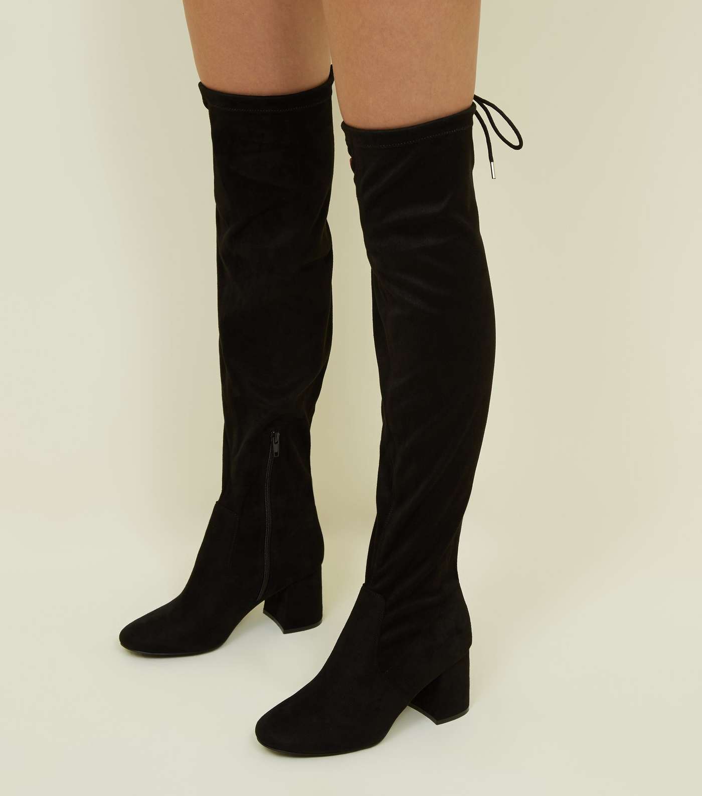 Wide Fit Black Suedette Flared Heel Over The Knee Boots Image 2