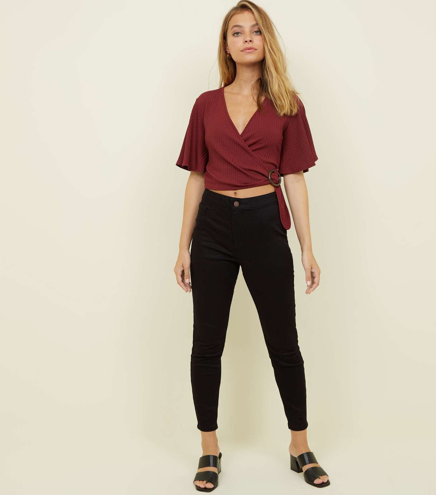 Petite Burgundy Ribbed Ring Buckle Wrap Top Image 2