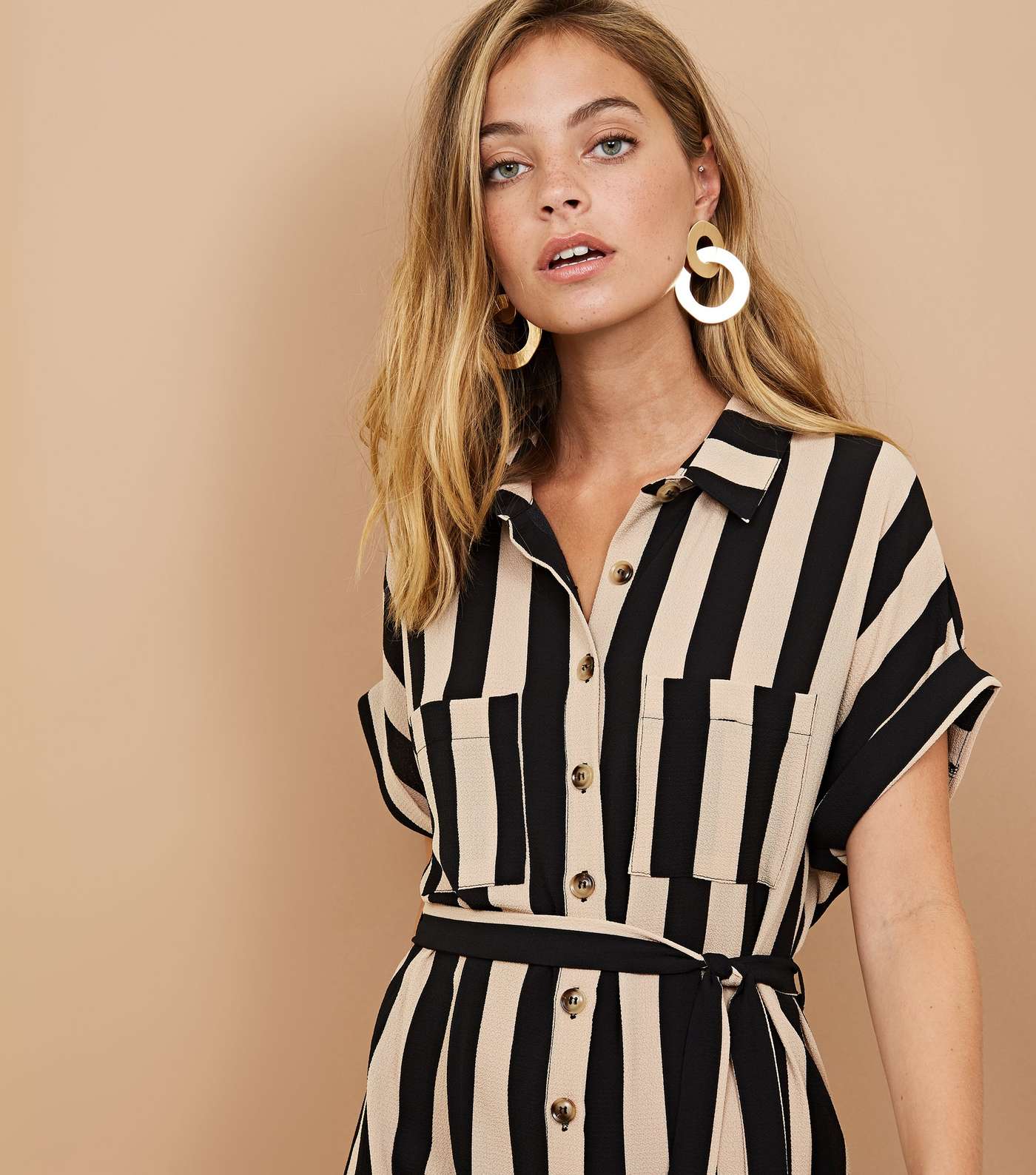 Petite Tan Stripe Crepe Shirt Dress  Image 5