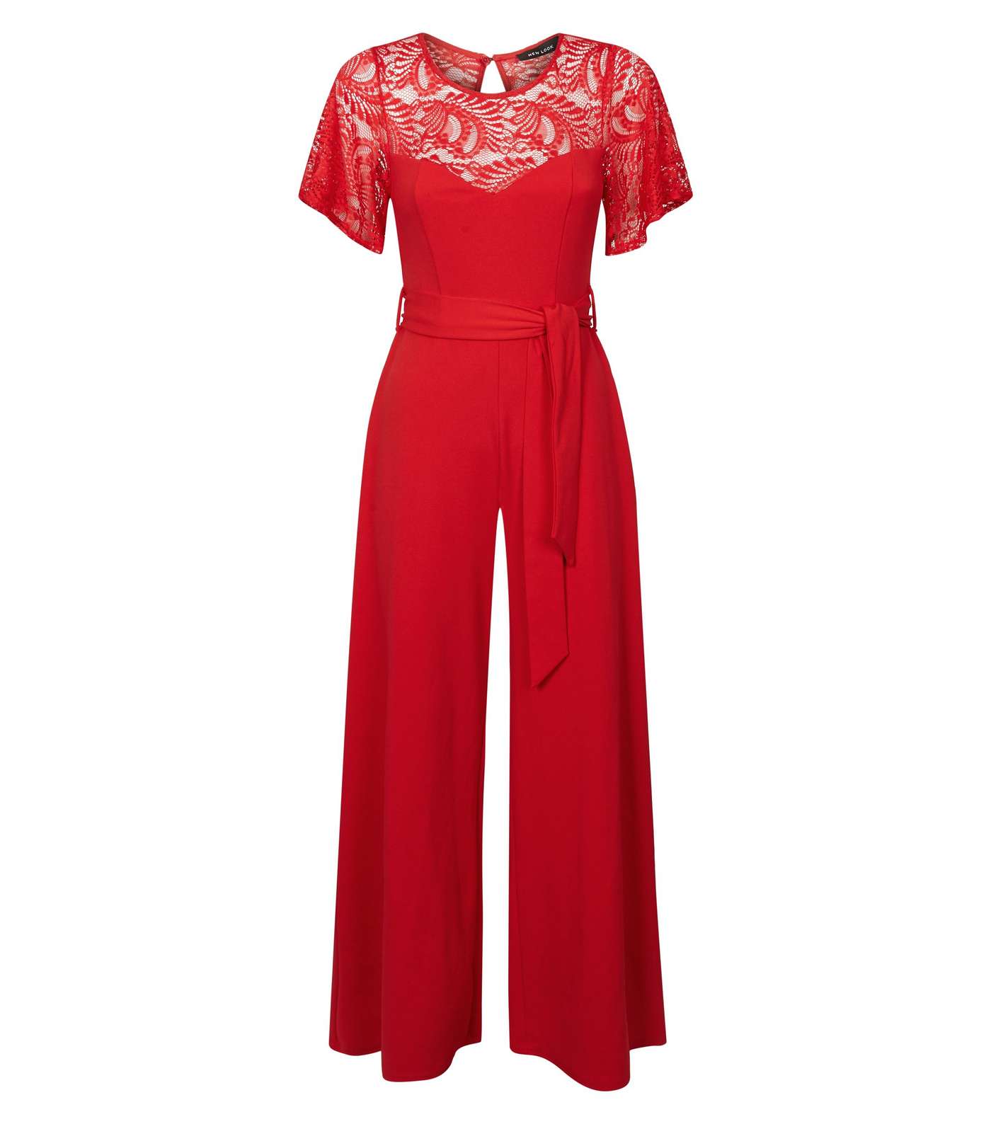 Red Lace Yoke Belted Wide Leg Jumpsuit Image 4