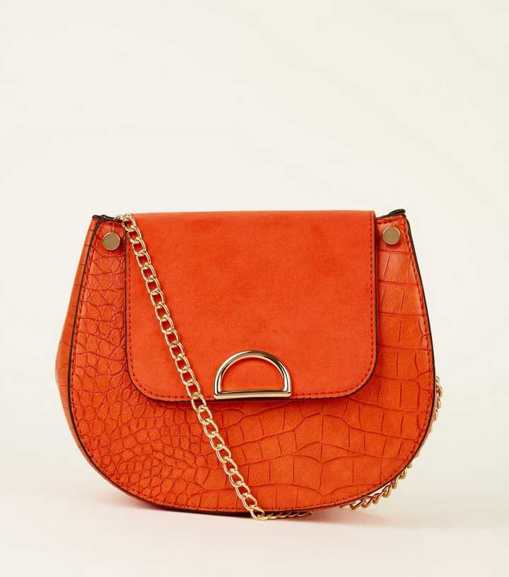 Bright Orange Faux Croc Saddle Bag 