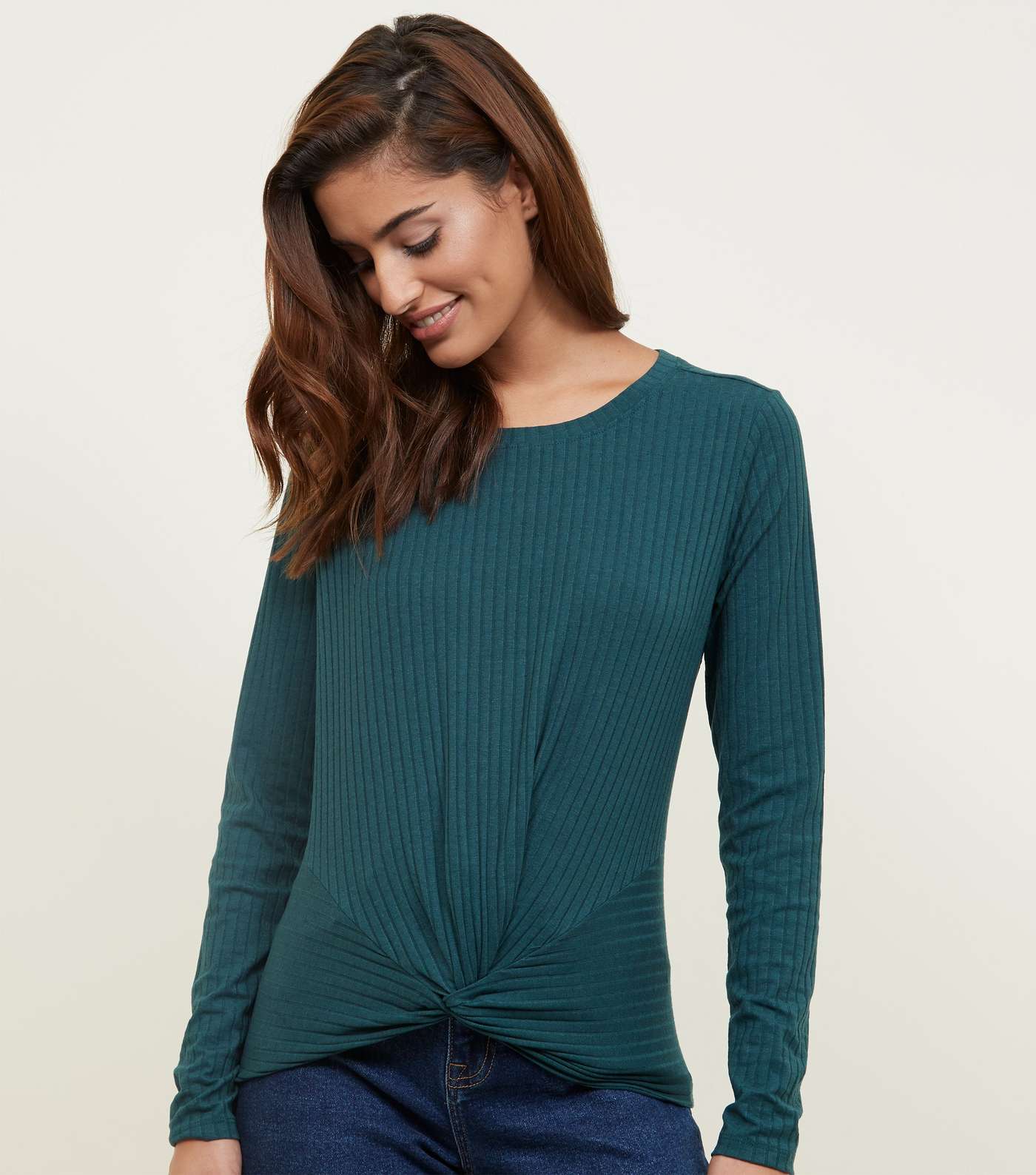 Dark Green Ribbed Twist Front Long Sleeve Top
