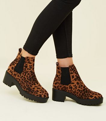 Tan Leopard Print Chunky Heeled Ankle 