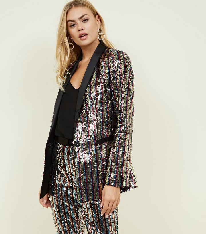 Regenbogenfarbener Langer Blazer Mit Pailletten New Look