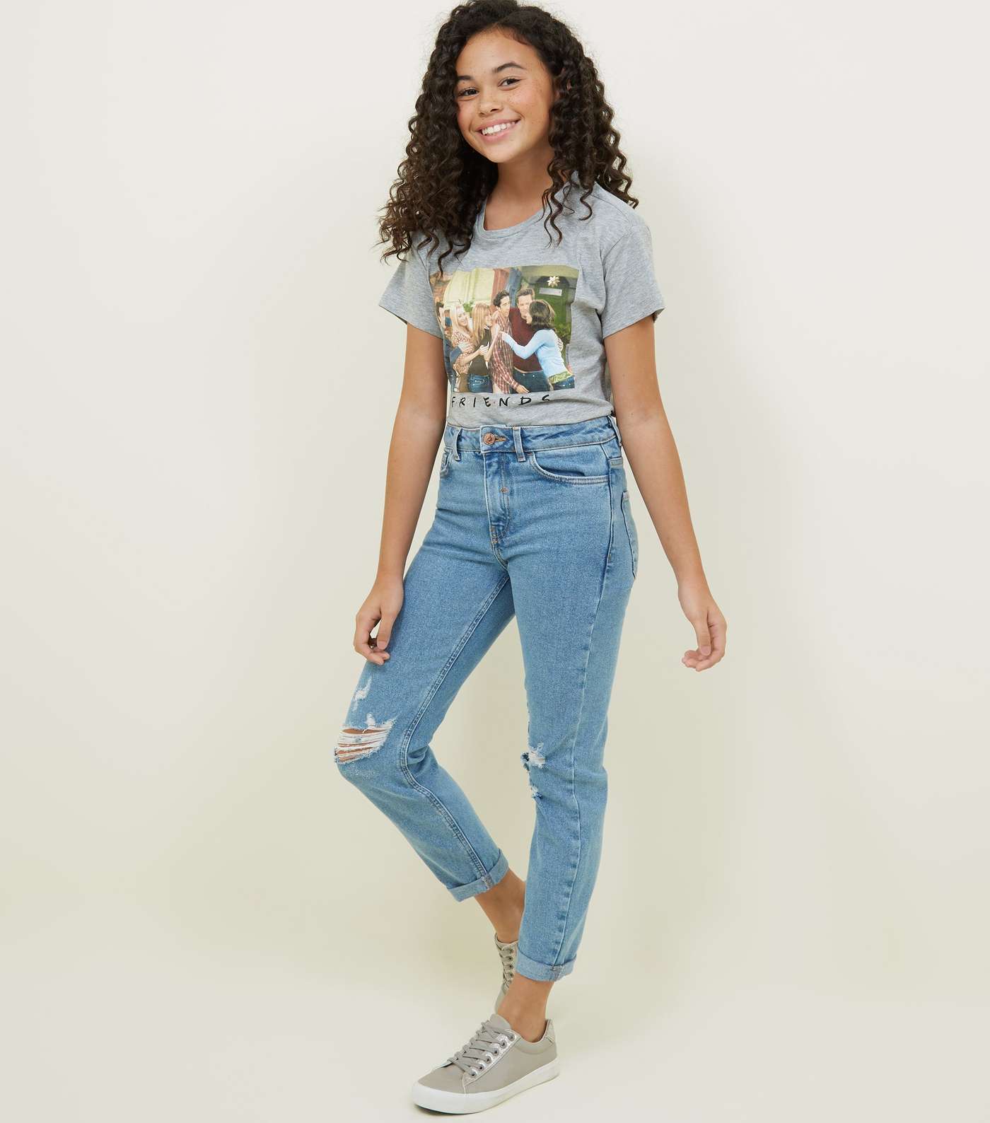 Girls Blue Ripped Stretch Mom Jeans