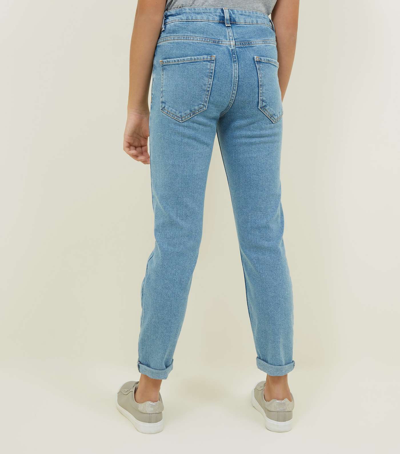 Girls Blue Ripped Stretch Mom Jeans Image 3
