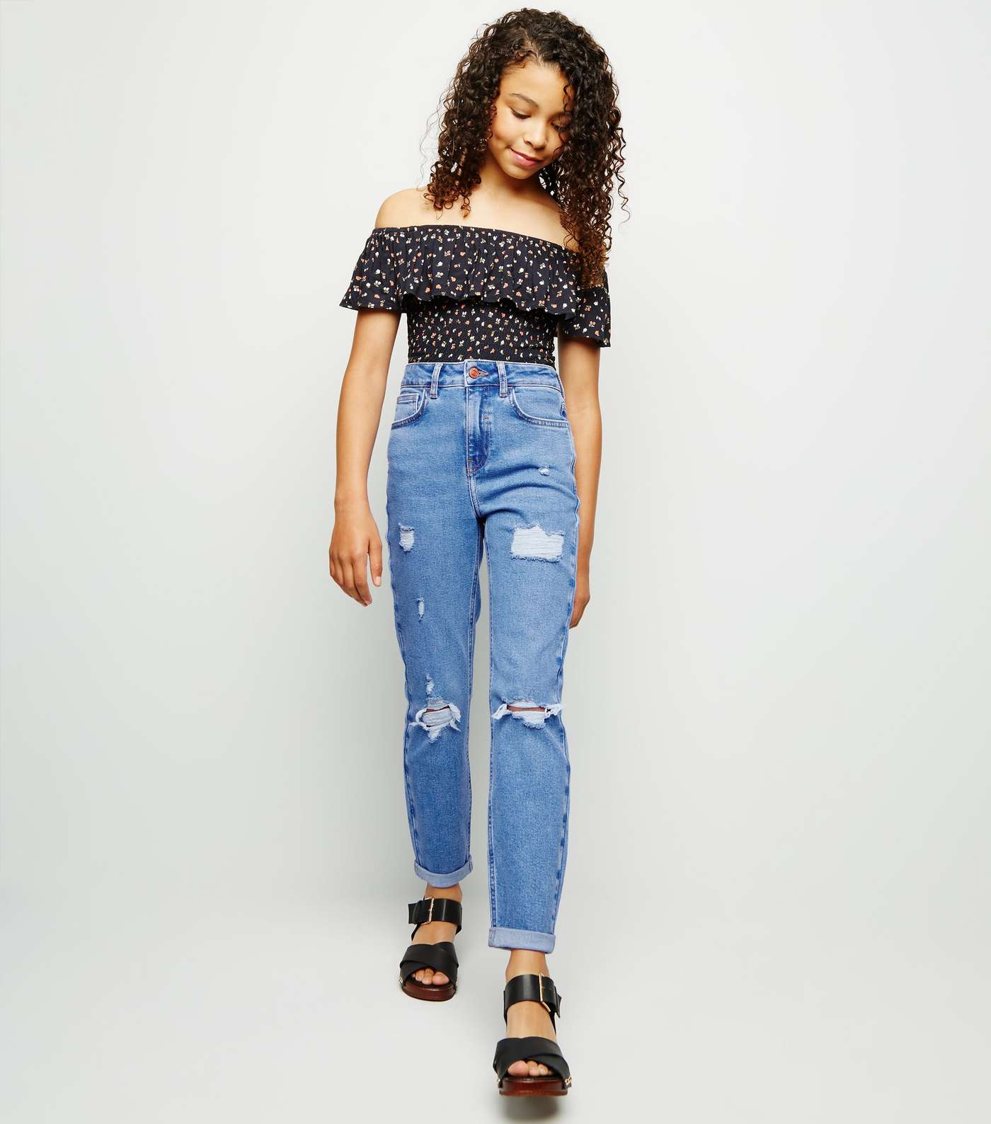 Girls Bright Blue Ripped Stretch Mom Jeans 