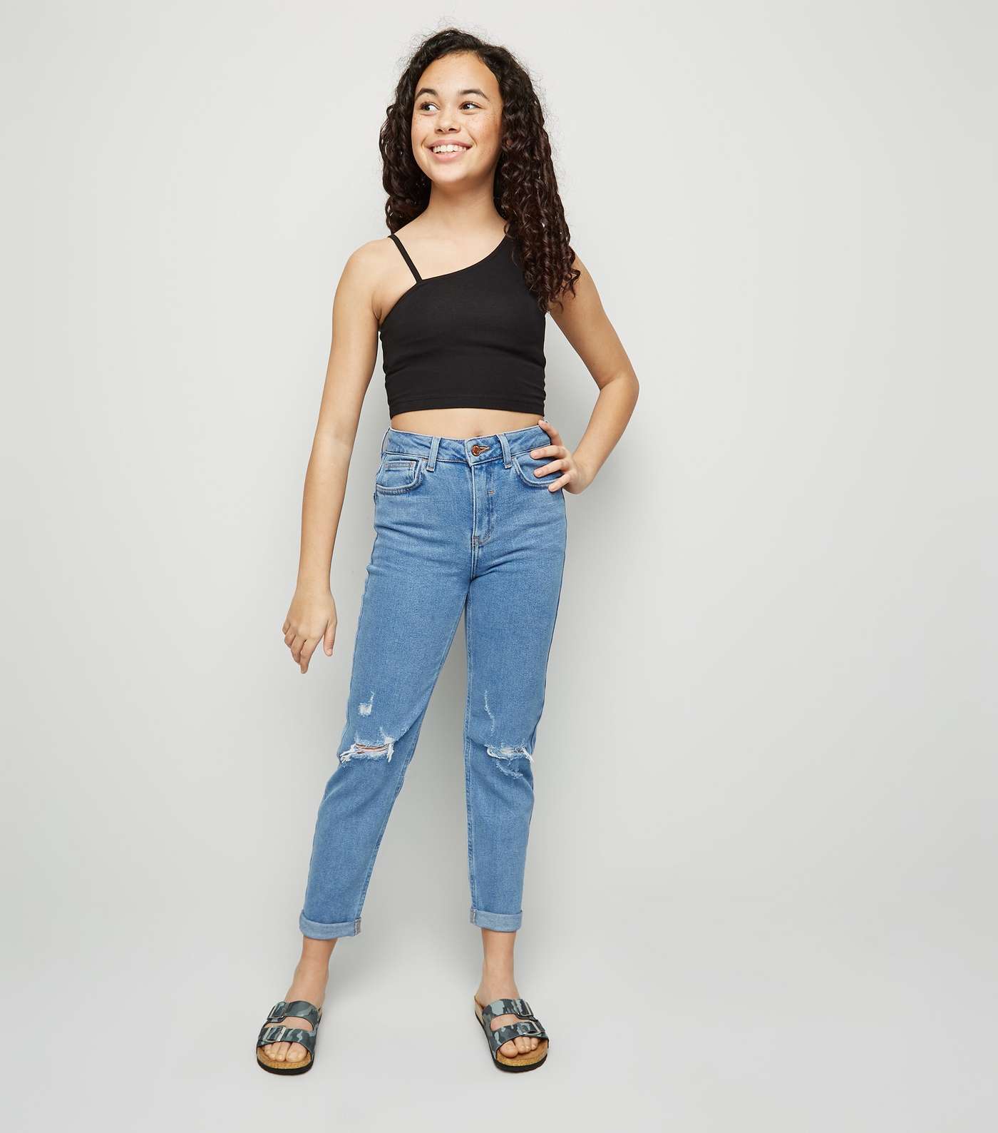 Girls Pale Blue Ripped Stretch Mom Jeans 