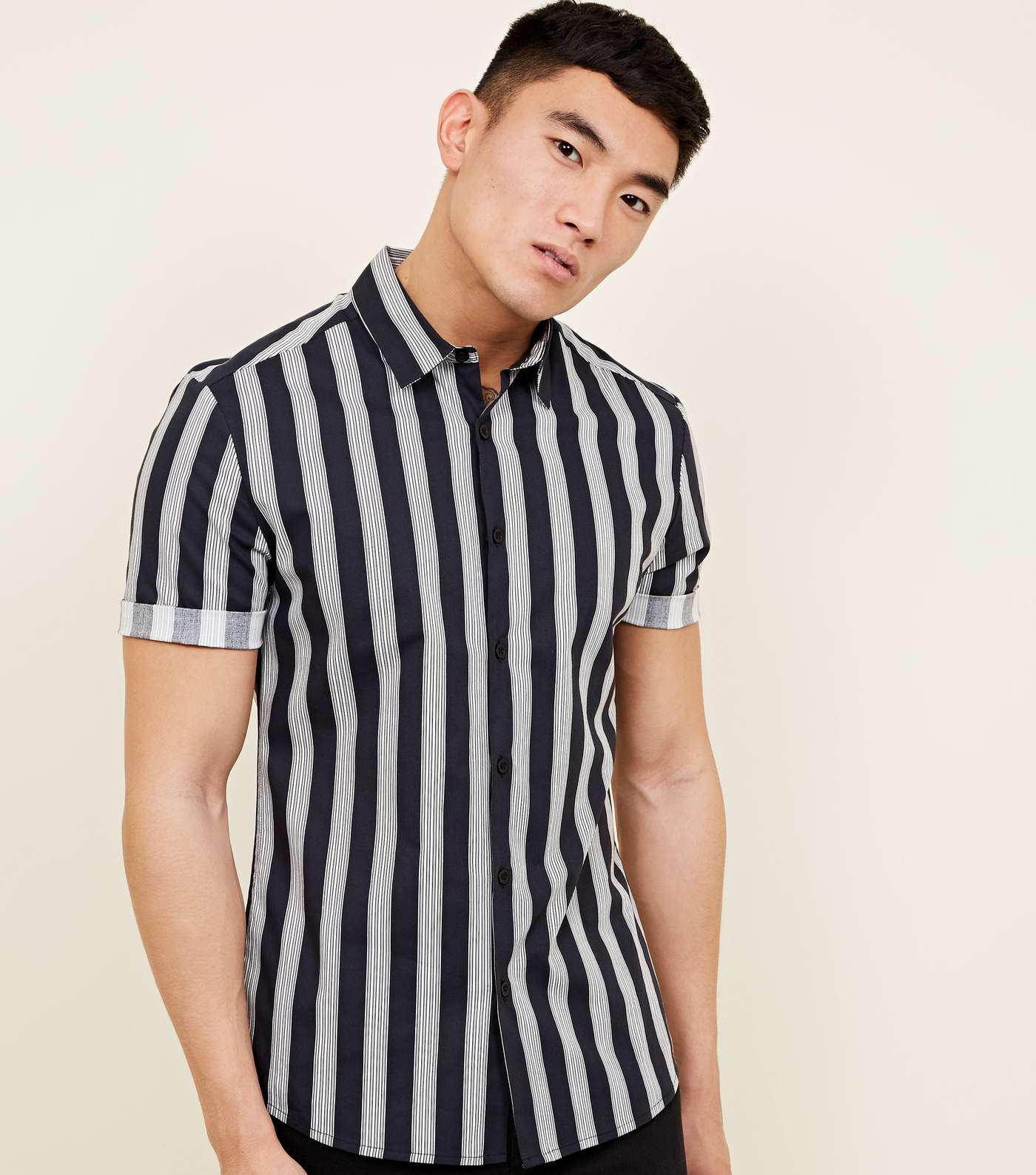 Navy Muscle Fit Stripe Printed Shirt