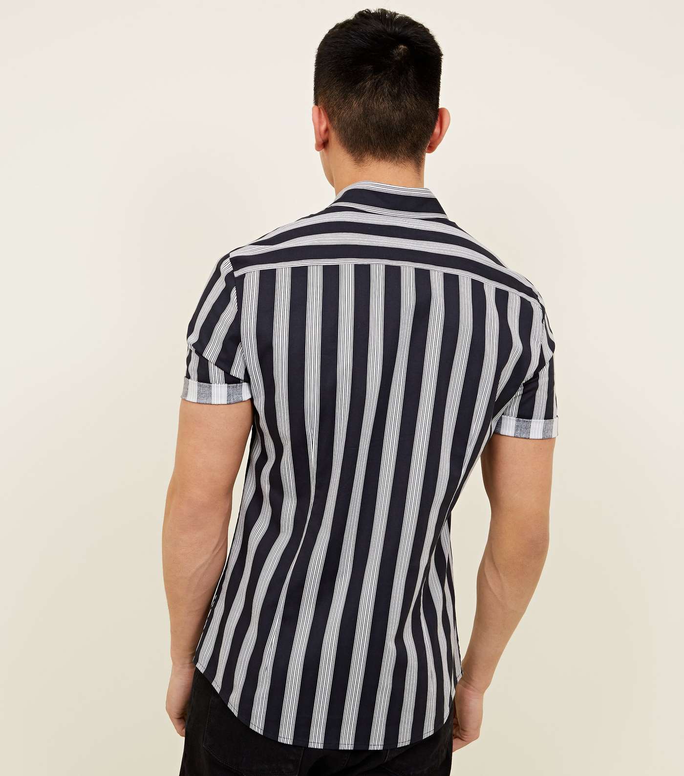 Navy Muscle Fit Stripe Printed Shirt Image 3