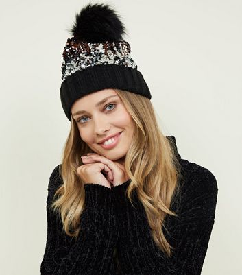 black sequin pom pom hat