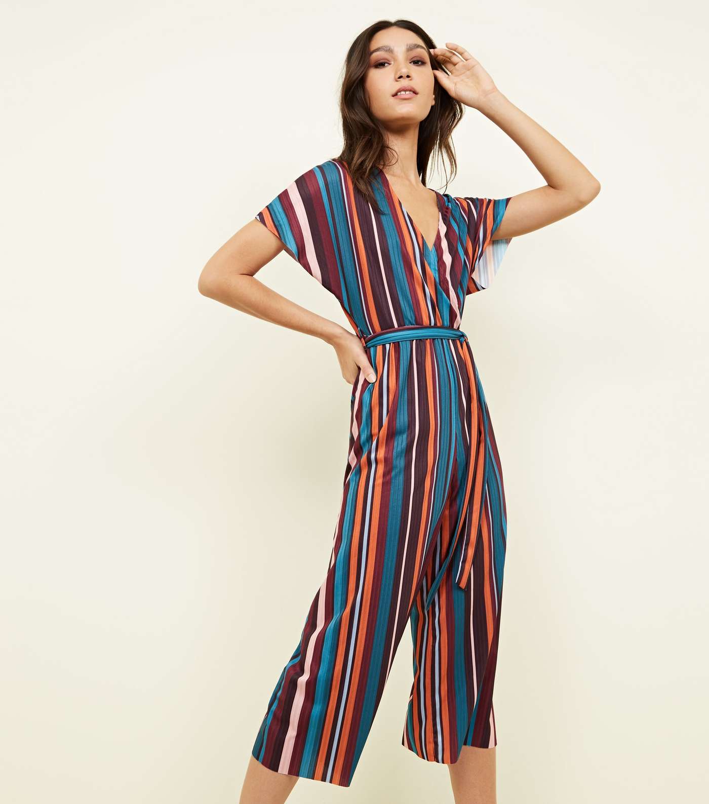 Multi Coloured Stripe Ribbed Wrap Front Jumpsuit