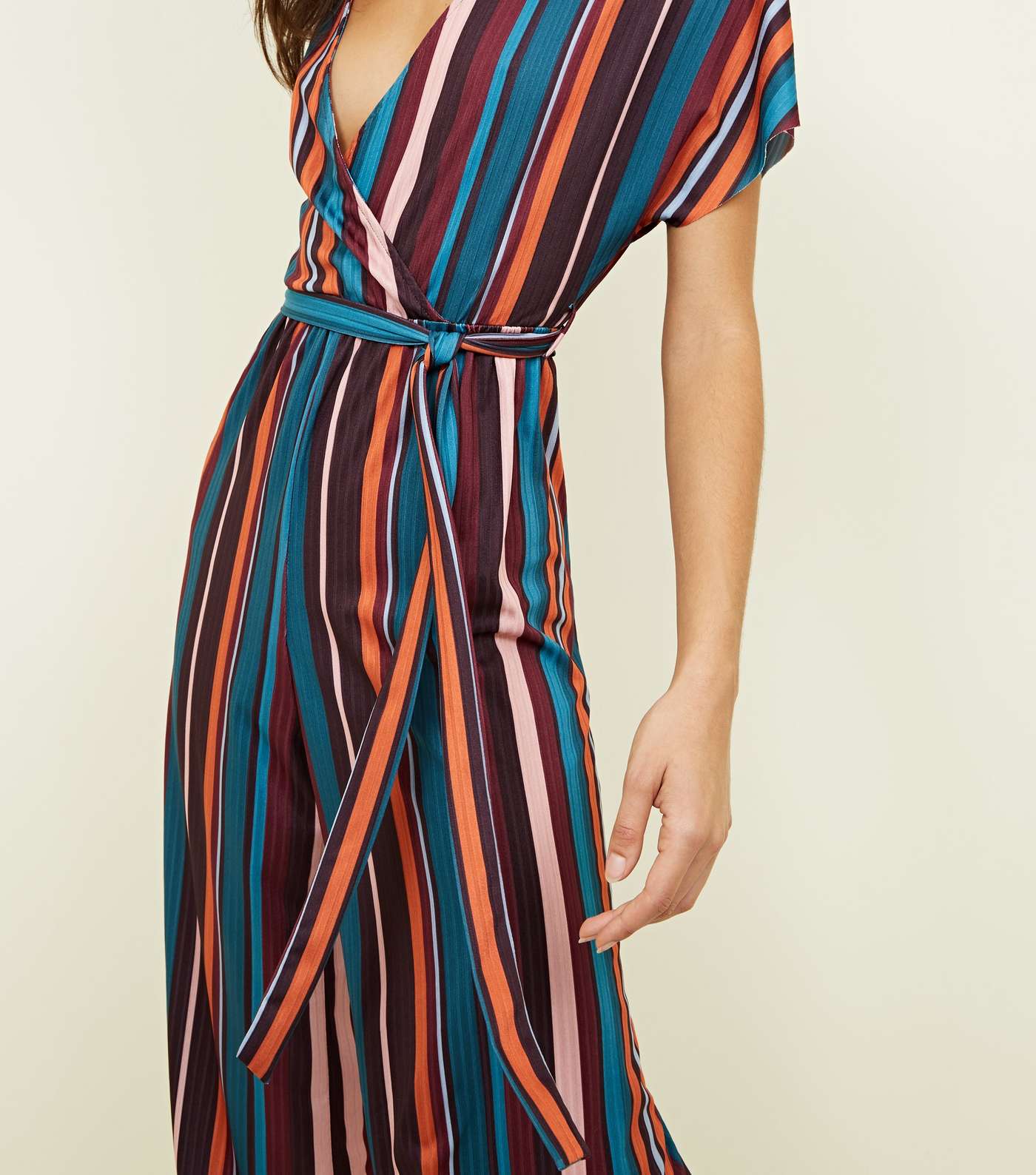 Multi Coloured Stripe Ribbed Wrap Front Jumpsuit Image 3