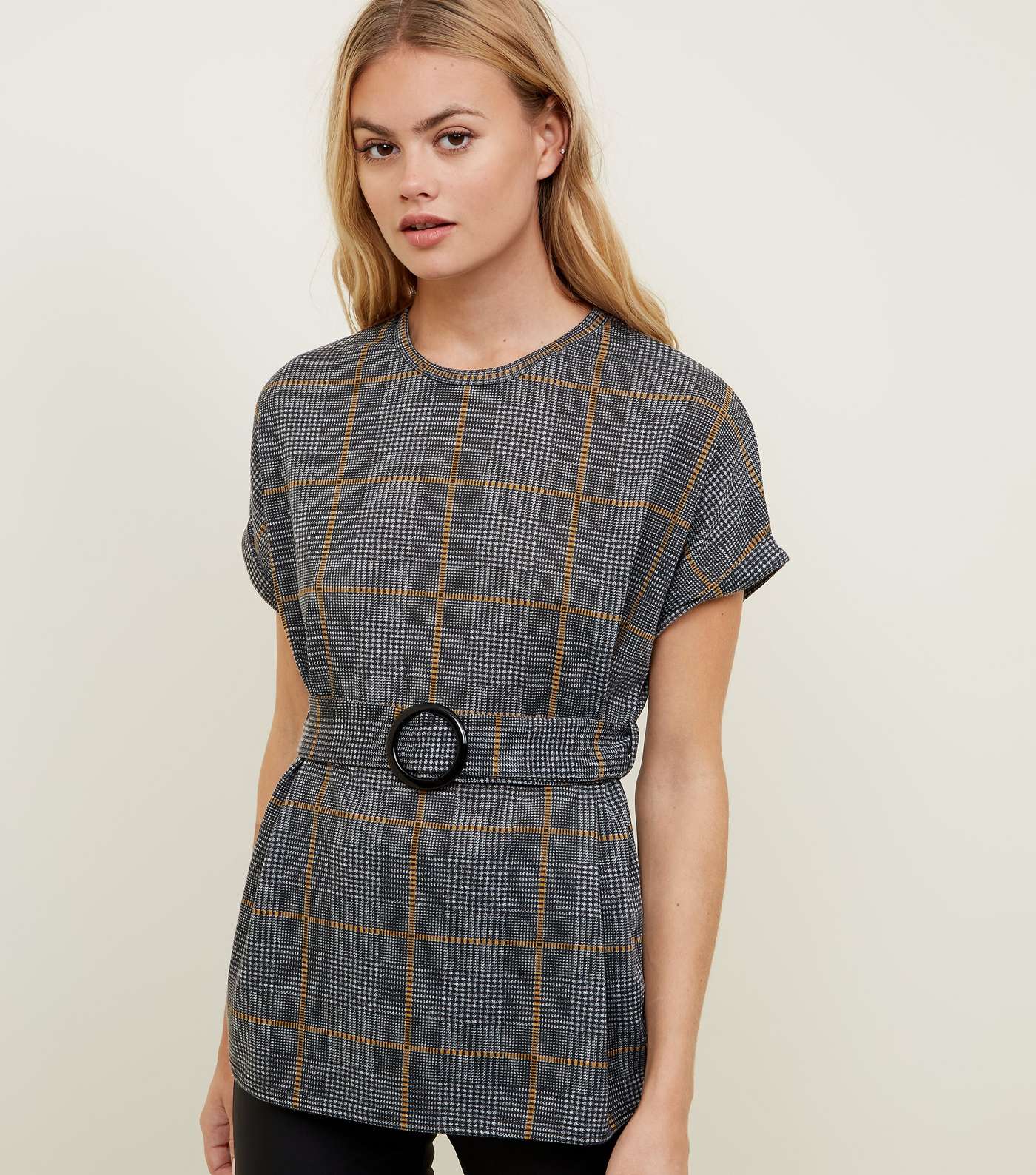 Grey Fine Knit Check Belted Tunic Top