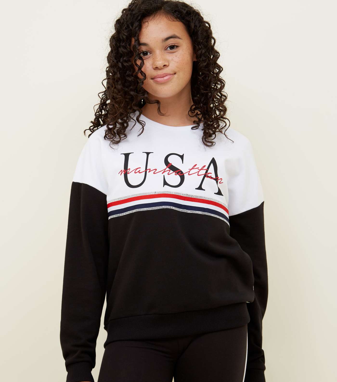 Girls Black Diamanté Stripe USA Sweatshirt