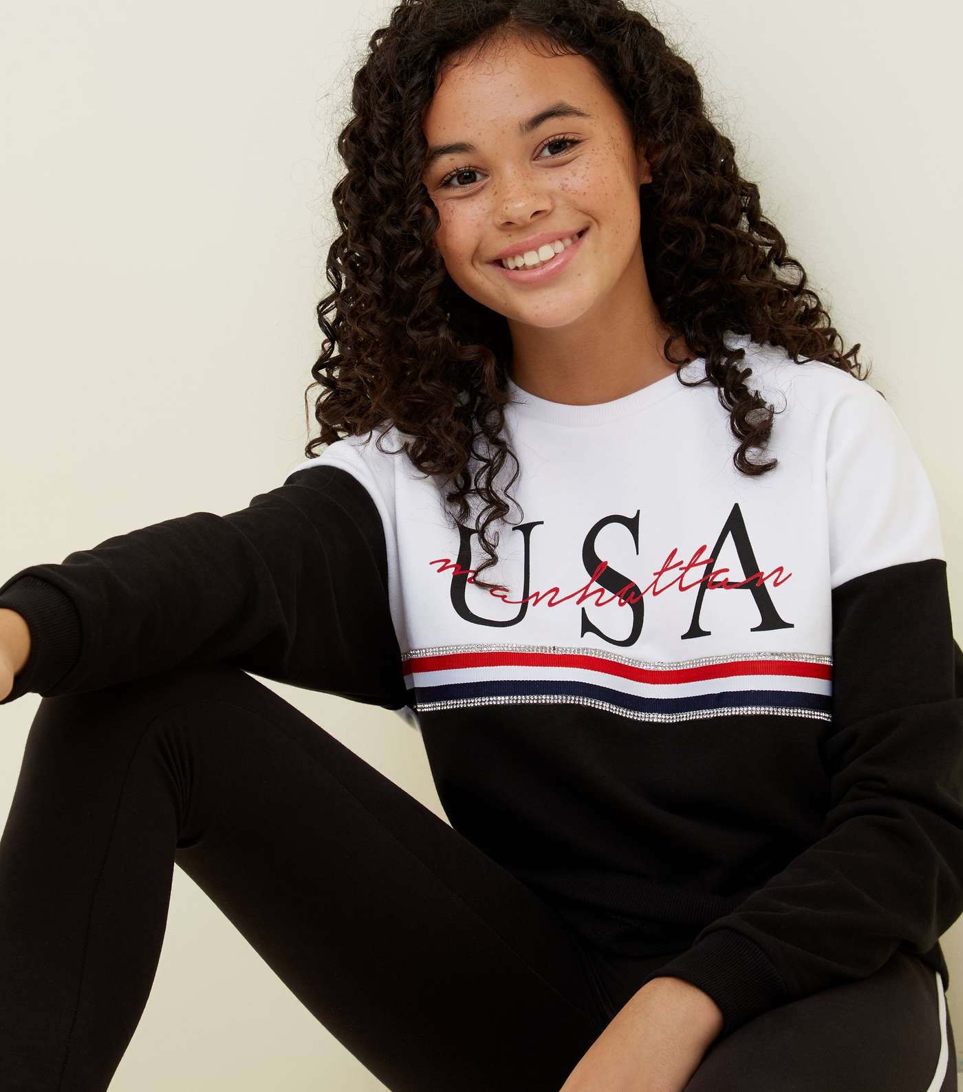 Girls Black Diamanté Stripe USA Sweatshirt Image 3