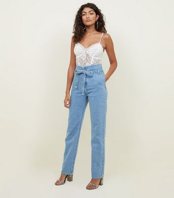 Blue Paperbag Waist Straight Leg Jeans 