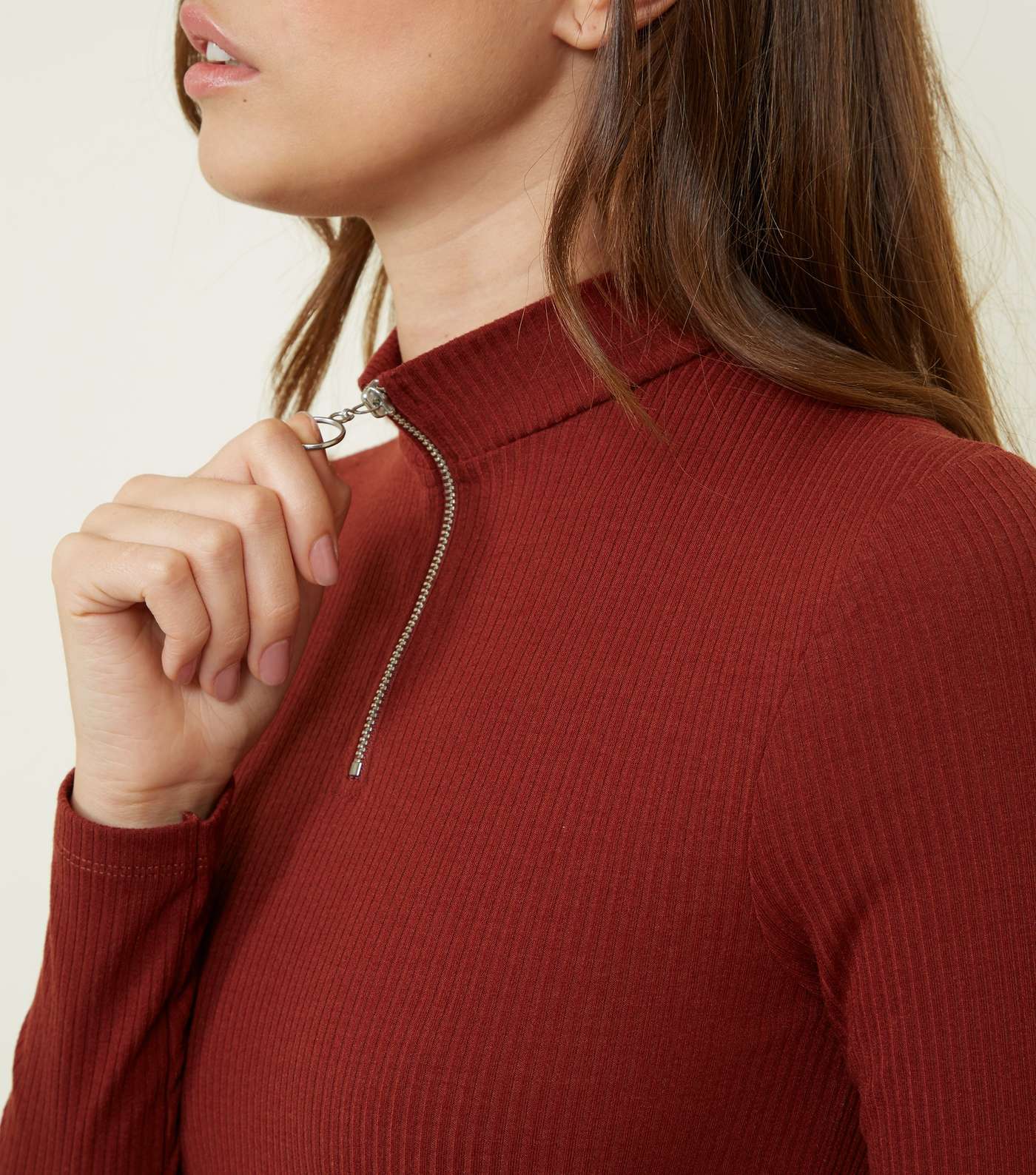 Rust Ribbed Ring Zip High Neck Top Image 5
