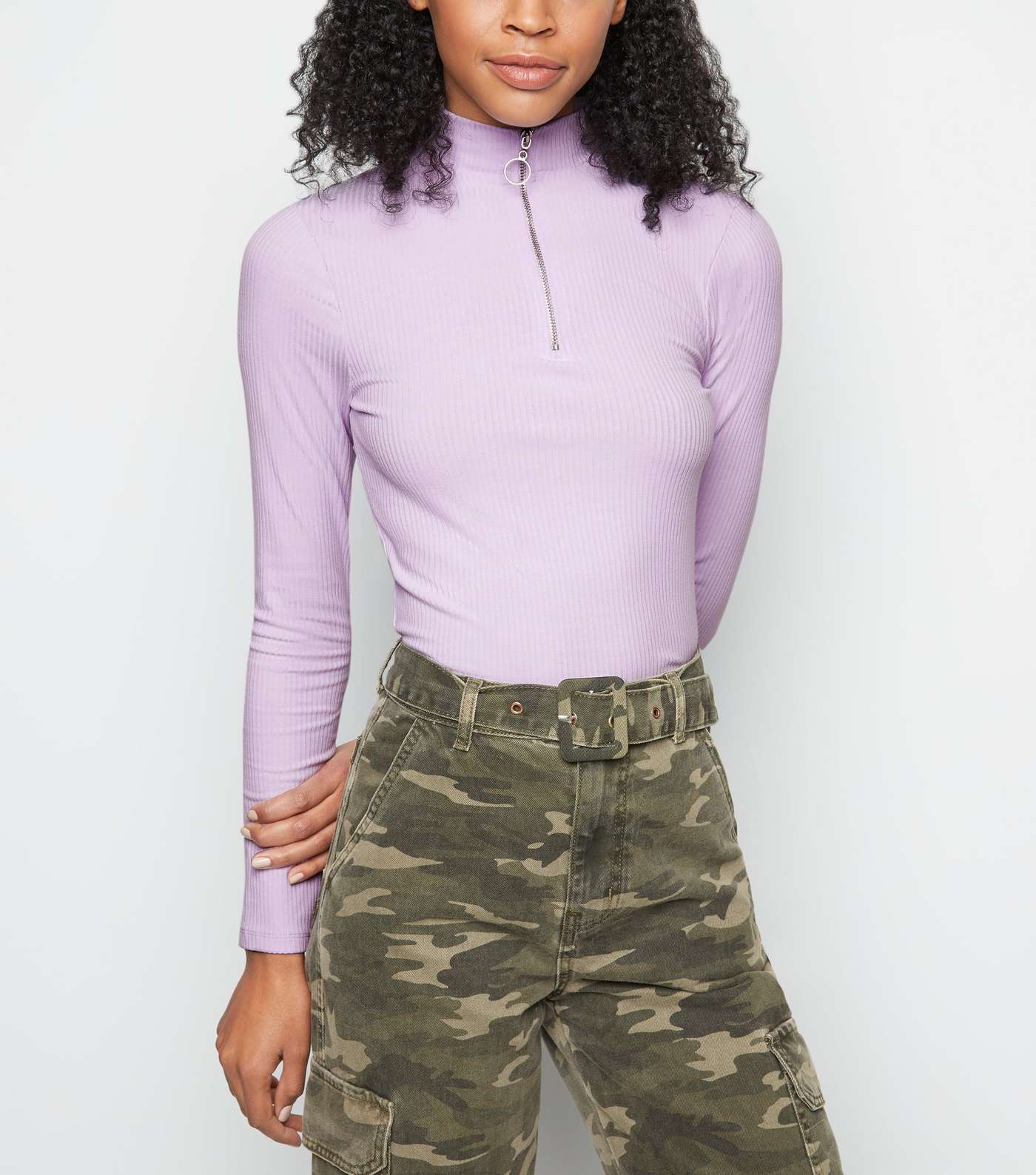 Lilac Ribbed Ring Zip High Neck Top